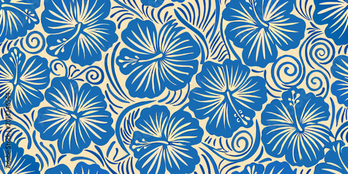 Tablou pe pânză Blue hibiscus floral pattern seamless tropical flower illustration
