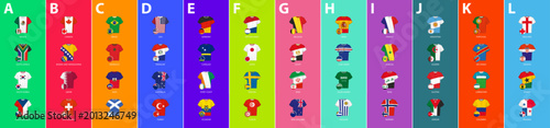 Foto Jerseys collection of participants of the football tournament sorted by group
