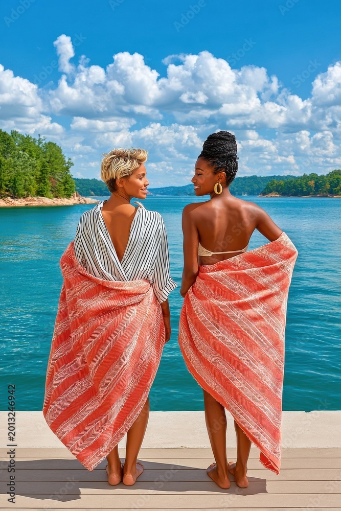 Fototapeta premium Two friends wrapped in towels standing on a dock by a lake on a sunny summer day