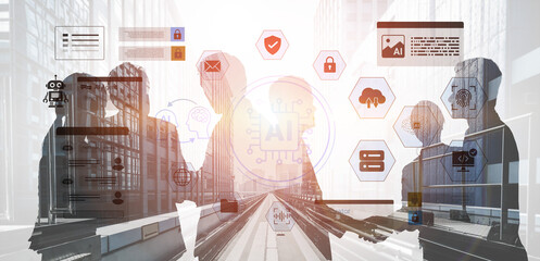 Silhouettes of Business People Engaging in Discussion with AI Technology Concepts in Urban Environment, Digital Transformation in Modern Workplace Ledger.
