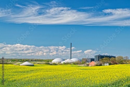 Fotografie Yellow rapeseed field with biogas plant and blue sky in rural landscape