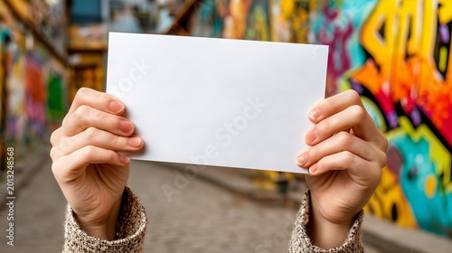 Hands Holding Blank Paper Card Against Vibrant Street Art Wall