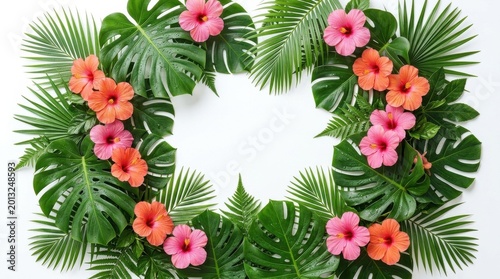 Colorful tropical leaves frame border featuring lush Monstera, palm fronds, and hibiscus flowers in vibrant green, pink, and