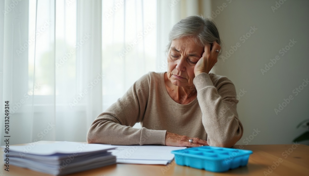 Naklejka premium Elderly woman sits with head in hand looking tired and stressed. Paperwork and pill organizer on table suggest life challenges. She appears to be contemplating difficult decisions while indoors.