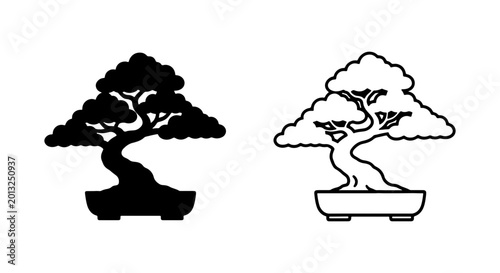 Obraz na płótnie Bonsai tree icons, black and white illustrations, tree silhouettes, gardening sy
