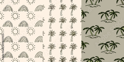 Tropical palm tree and rainbow pattern collection three panel illustration