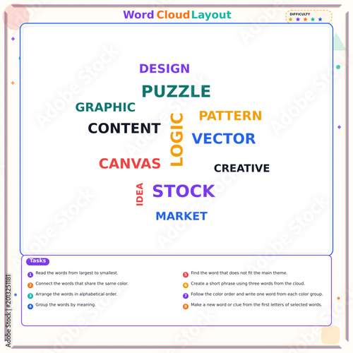 Colorful word cloud layout showcasing design concepts and keywords  