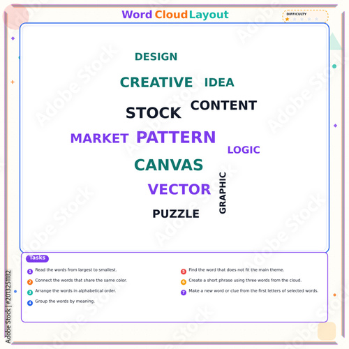 Creative word cloud layout with conceptual design elements  