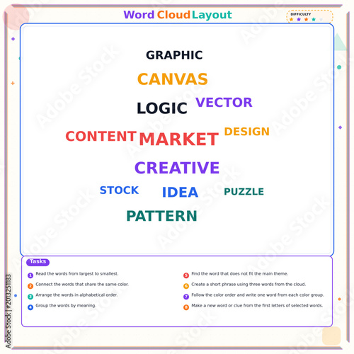 Colorful word cloud design featuring marketing and creative terms  