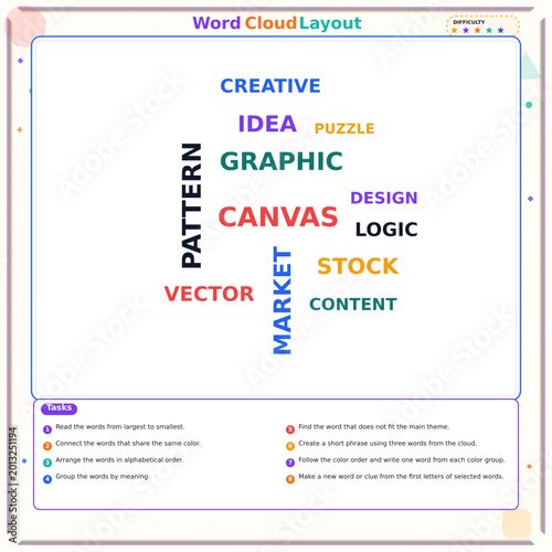 Word cloud layout with colorful graphic design concepts on canvas  