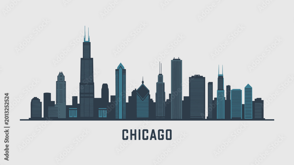 Obraz premium Chicago City Skyline Vector Silhouette with Modern Skyscrapers and Urban Architecture