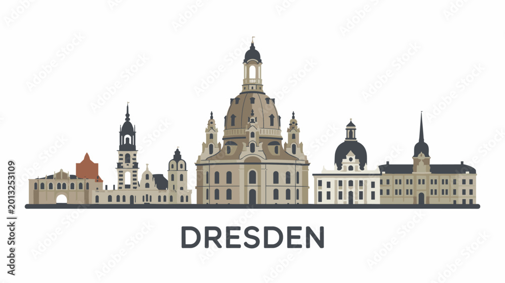 Obraz premium Dresden Germany Skyline Vector with Historic Landmarks and Classical European Architecture