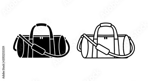 Photos Duffel Bag Icons, Gym Bag Vector Art, Sports Travel Luggage Set, Black White Sil