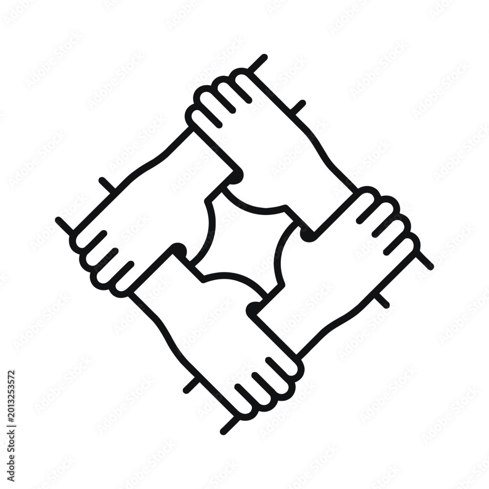 Obraz premium Four hands holding each other in a circle representing teamwork and unity isolated on white background