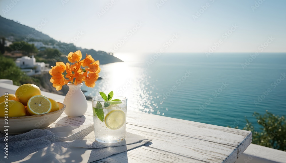 Naklejka premium Refreshing drink and lemons on a sunny terrace during a bright July morning with a colorful coastal view of the Mediterranean sea for a summer vacation happiness concept