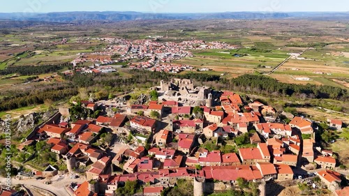 Aerial view of the historic fortified village of Castelo Rodrigo with its red-tiled roofs and ancient stone walls in Figueira de Castelo Rodrigo, Guarda District, Portugal.