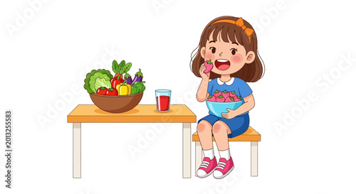 Vector illustration of a girl eating healthy food, sitting at a table, colorful cartoon character