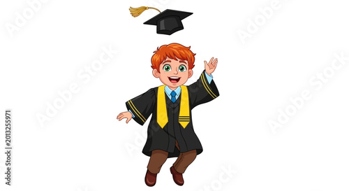Graduation, cartoon boy, jumping, academic achievement, happy student