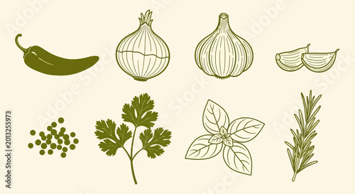 Herb, spice, and vegetable icons, green illustrations, kitchen ingredients, food symbols, vector graphics
