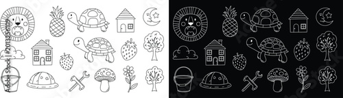 Fotografie Collection of primitive house and construction icons with architecture icon, bui