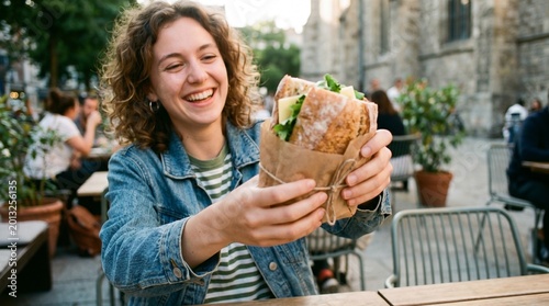 Young creator holding a sandwich wrapped in paper close to the camera