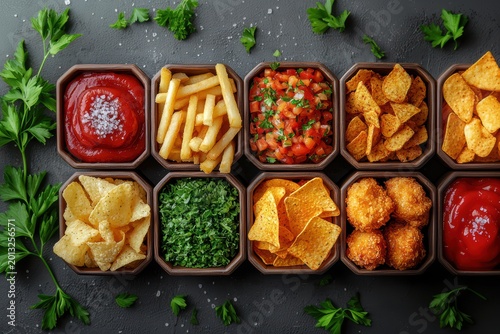 Party snacks chips fries nuggets dips on dark slate with scattered parsley delivering energetic gameday hosting vibe, variety bowls highlighting crunchy textures and bold flavors