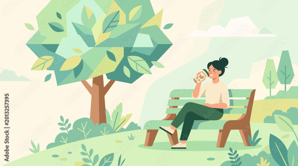 Fototapeta premium Relaxing man in a sunny park enjoying nature under a leafy tree by a bench.