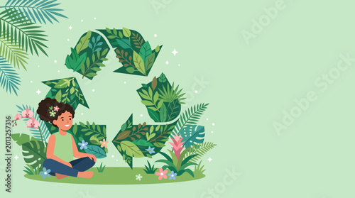 Canvas-taulu Child with lush tropical plants inside a circular leafy frame.