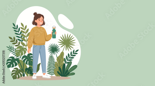 Schilderij op canvas Young person standing among lush greenery and decorative plants illustration