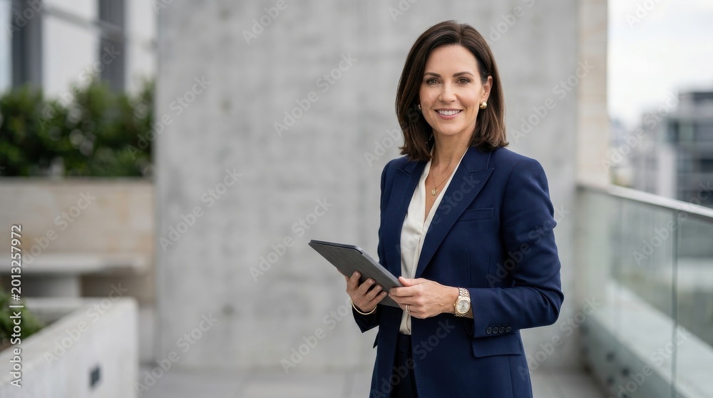 Fototapeta premium Professional woman portrait outdoors in a high-end studio with a clean grey background and elegant commercial lighting. The