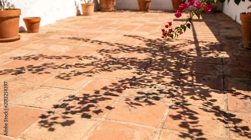 Mediterranean terracotta patio with bougainvillea flower shadows and clay pots