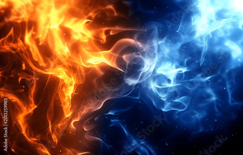 Abstract fire and ice smoke background with vibrant red and blue flames on black backdrop