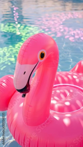 Bright pink inflatable flamingo pool float drifting in a sunlit turquoise pool with disco ball reflections and colorful ripples. summer party and playful backyard leisure scene.