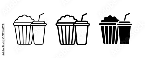 Popcorn and Drink Icons, Movie Snack Set, Cinema Refreshment Vector Graphics