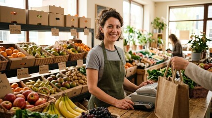 Shop assistant smiling at a checkout counter in a fruit store, friendly retail service scene with fresh produce, welcoming attitude and local grocery business mood, ideal for customer service themes,