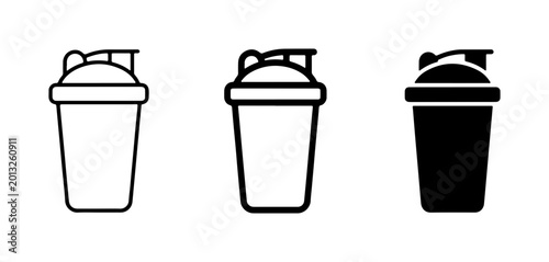 Protein Shaker Bottle Icons, Fitness Drink Container Vector Set, Workout Supplement Mixers