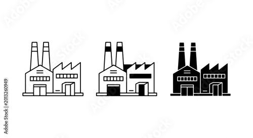 Industrial Factory Icons: Manufacturing Building Symbols, Production Plant Graphics, Powerhouse Structures