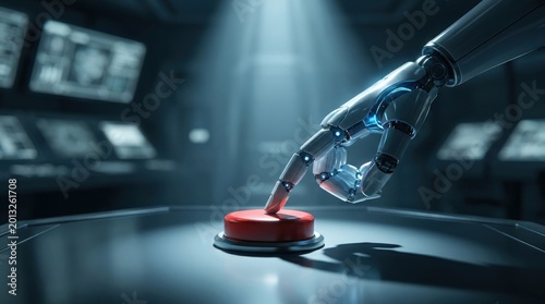 Robotic hand pressing red button, artificial intelligence threat and global control concept, futuristic tension scene, dramatic lighting, clean minimal background, no logos