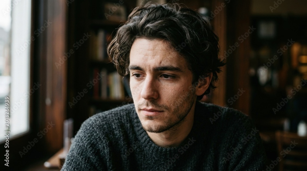 Fototapeta premium Close up portrait of young man with contemplative expression, thoughtful male face in soft light, natural skin texture and moody atmosphere, no logos