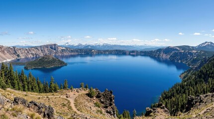 Panoramic view of Crater Lake with deep blue water and surrounding forest, expansive mountain landscape with pristine nature and scenic shoreline, clear atmosphere, wide travel photography, no logos