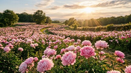 Field of pink peonies blooming under golden sunbeams, romantic flower landscape with lush petals and warm spring atmosphere, realistic detail, no logos