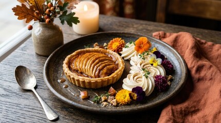 Spiced apple tart with cream swirls and edible flowers, gourmet autumn dessert concept with refined plating and rich artisanal detail, realistic finish, no logos