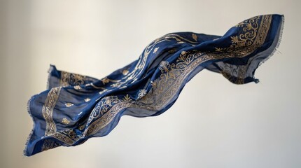 Flowing fabric with blue and gold accents fluttering in air, elegant luxury textile concept, clean minimal background, soft motion, realistic detail, no logos