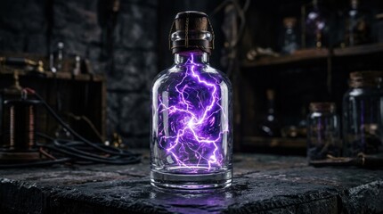 Purple lightning trapped inside clear glass bottle, surreal energy containment concept, vivid electric glow, dark moody backdrop, crisp reflections, high detail, no logos