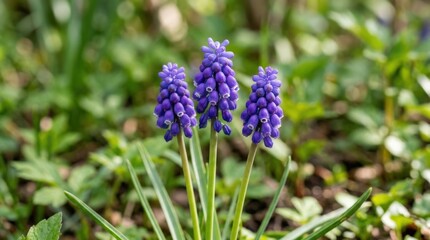 Three purple grape hyacinth flowers up close, delicate spring blossoms, botanical macro scene, fresh floral texture, soft natural background, crisp detail, no logos