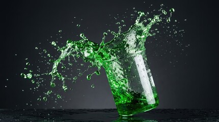 Green liquid splashing energetically from a glass container, vibrant fluid motion with dynamic droplets and fresh color, clean studio composition, crisp detail, high speed photography look, no logos