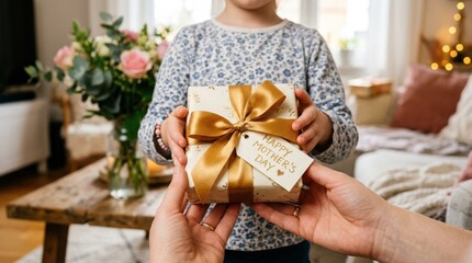 Child hands holding gift with golden ribbon, Mother's Day or Father's Day present concept with heartfelt celebration and clean festive composition, realistic detail, no logos