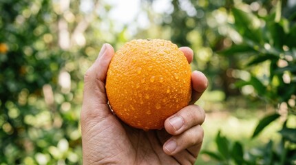 Fresh orange covered in water droplets held in a hand, juicy citrus close-up, refreshing fruit concept, clean natural lighting, bright realistic detail, no logos