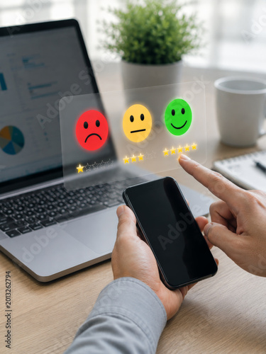 Customer feedback rating, hand selecting happy face digital screen, business satisfaction survey