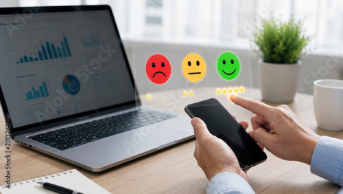 Customer feedback, satisfaction rating, business analytics, digital survey, and emotion icons